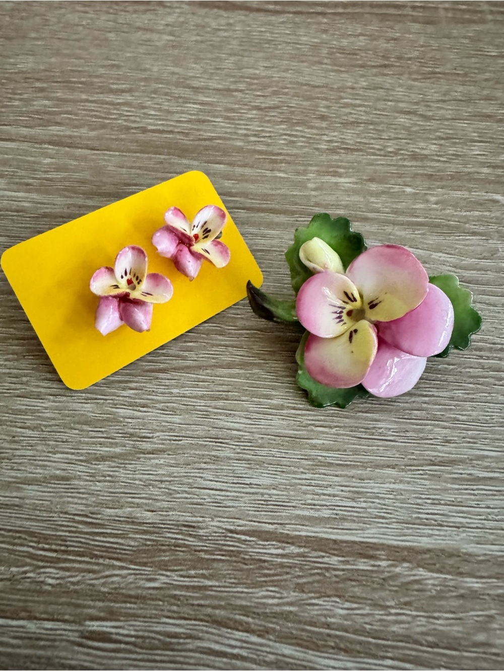 Vintage Cara China Staffordshire England Floral Enamel Brooch Earring Set - Pink